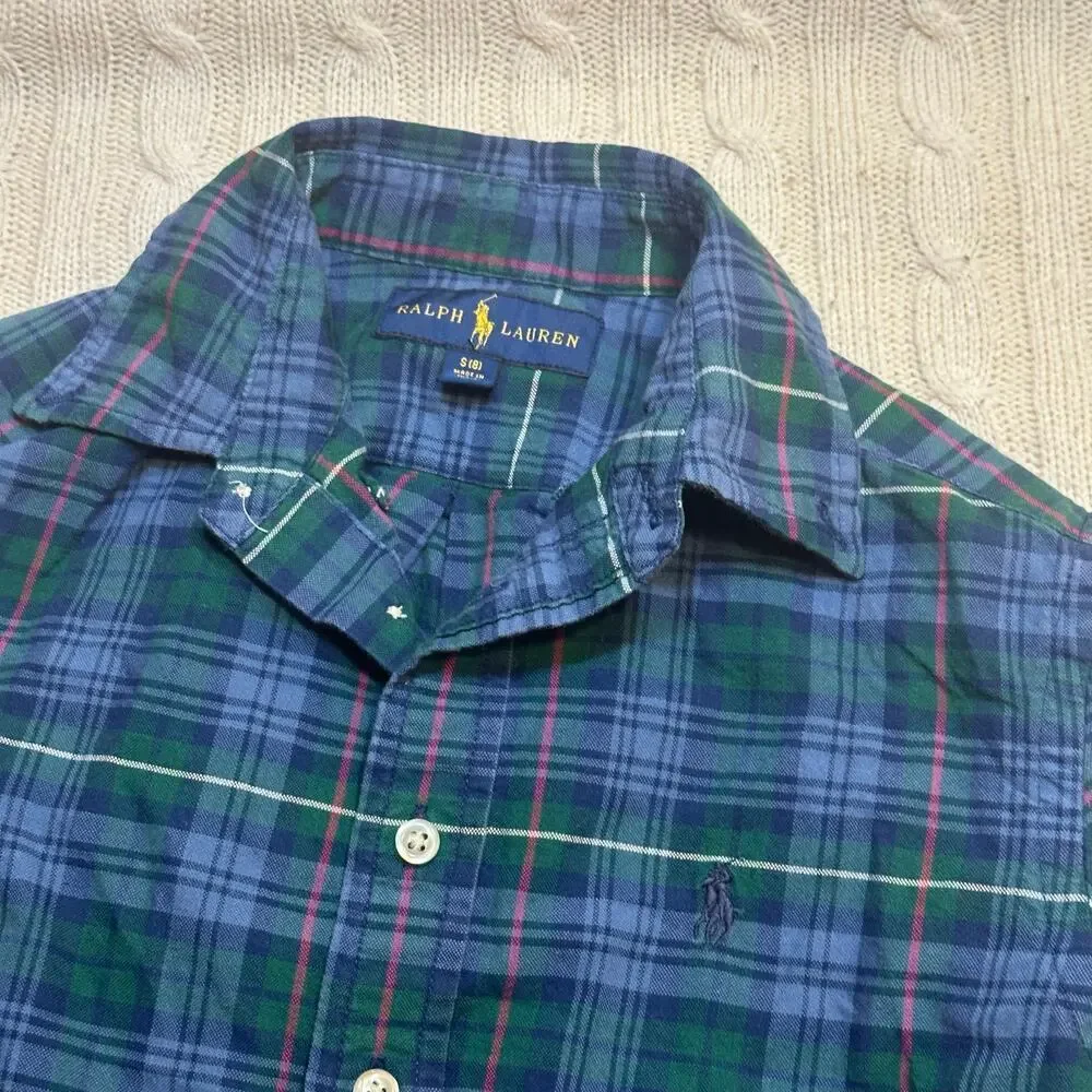 Boy's Ralph Lauren Plaid Button Down Shirt sz S (8) Blue Green Plaid